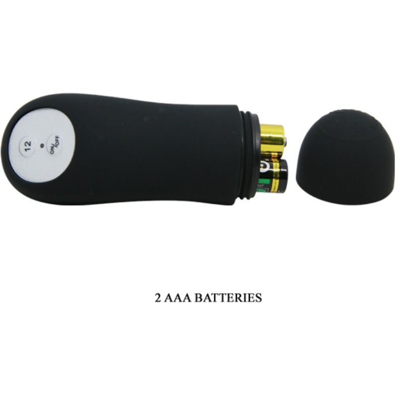 Schwarzes Gerät mit abnehmbarem Deckel. Enthält zwei AAA-Batterien.