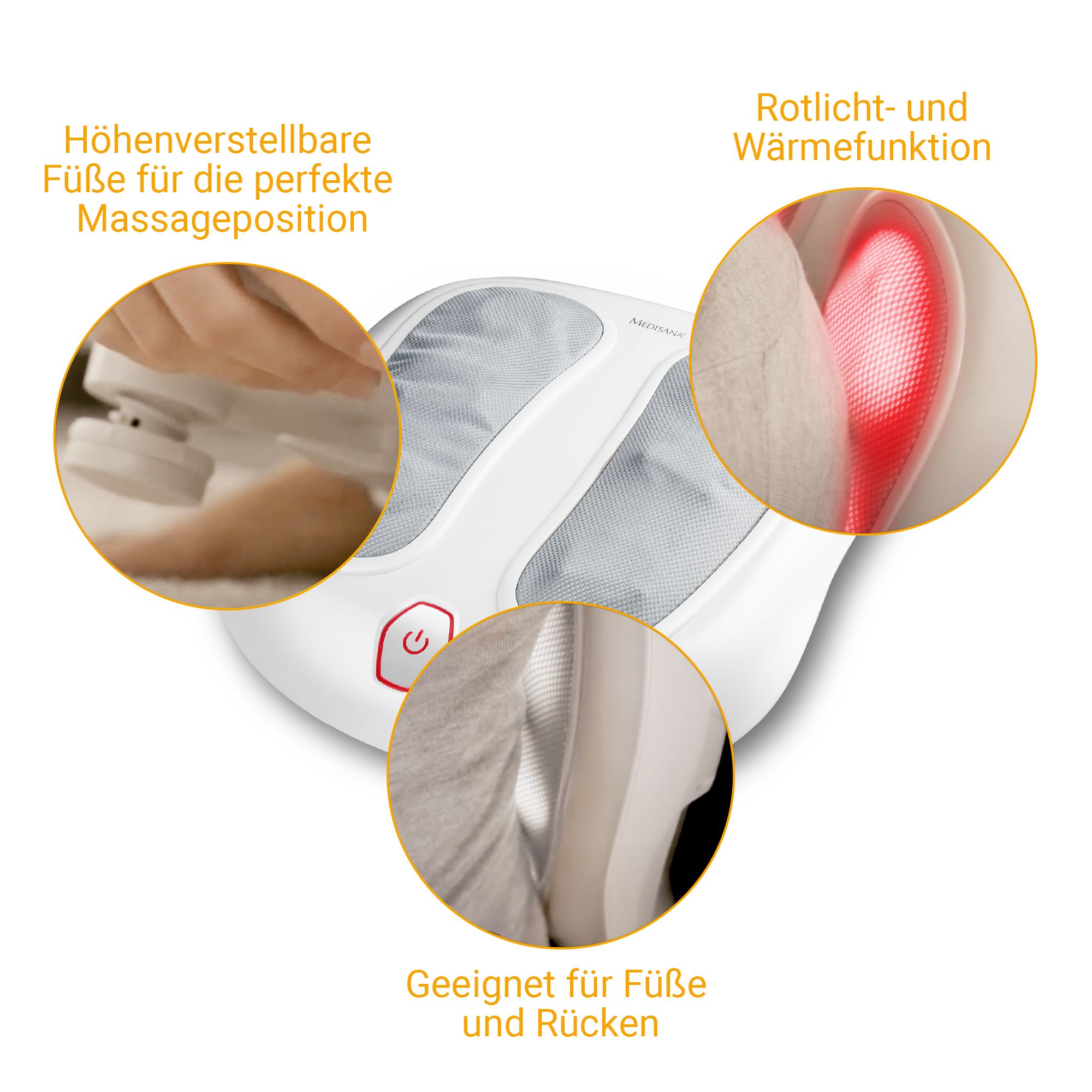 Shiatsu-Fußmassagegerät mit drei Detailansichten: höhenverstellbare Füße, Rotlicht-Wärmefunktion, für Füße und Rücken.