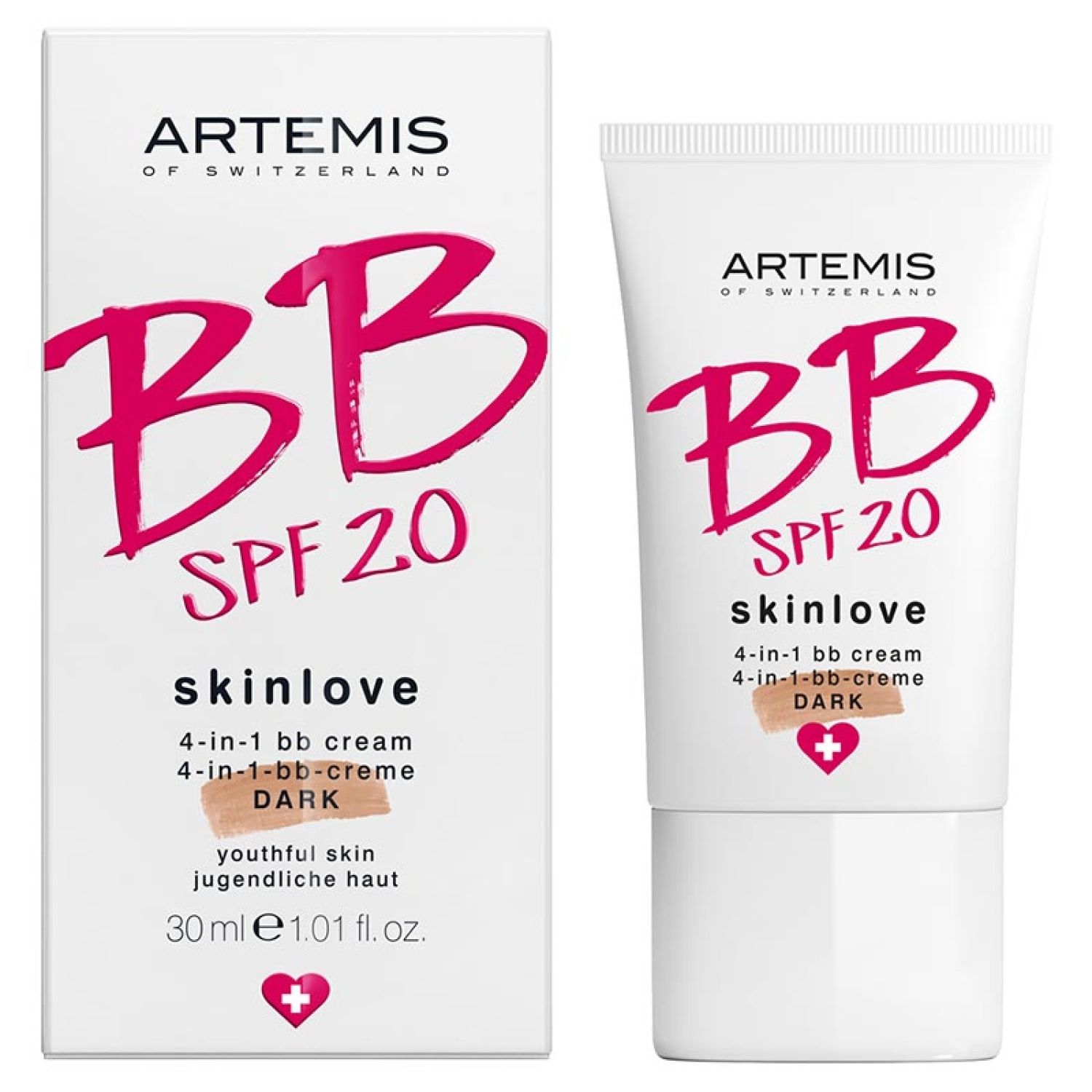 Verpackung und Tube Skin Love 4-in-1 BB Cream Dark. Text: Artemis, BB SPF 20, skinlove, 4-in-1 BB cream, Dark, 30 ml.