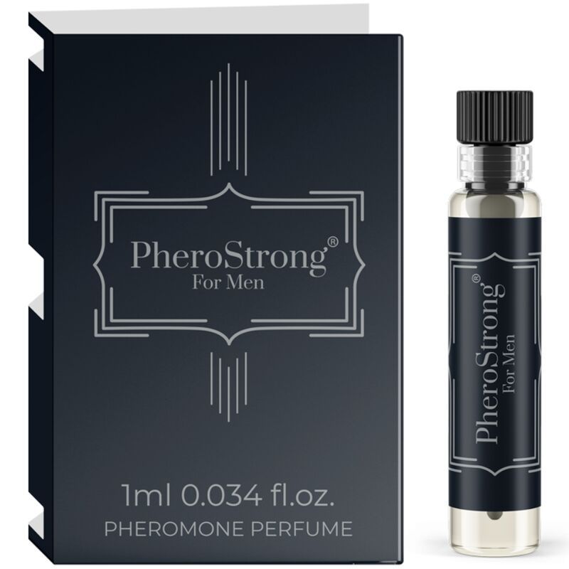 Flakon und Verpackung von PheroStrong für Männer. Schwarze Verpackung mit Schriftzug. Flakon mit schwarzem Verschluss.