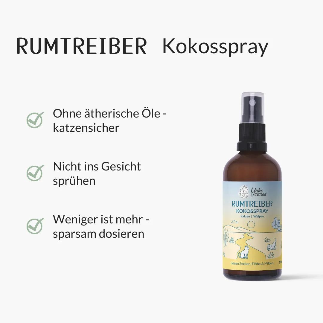 Braune Sprühflasche mit Text: Rumtreiber Kokossspray. Ohne ätherische Öle. Nicht ins Gesicht sprühen. Sparsam dosieren.