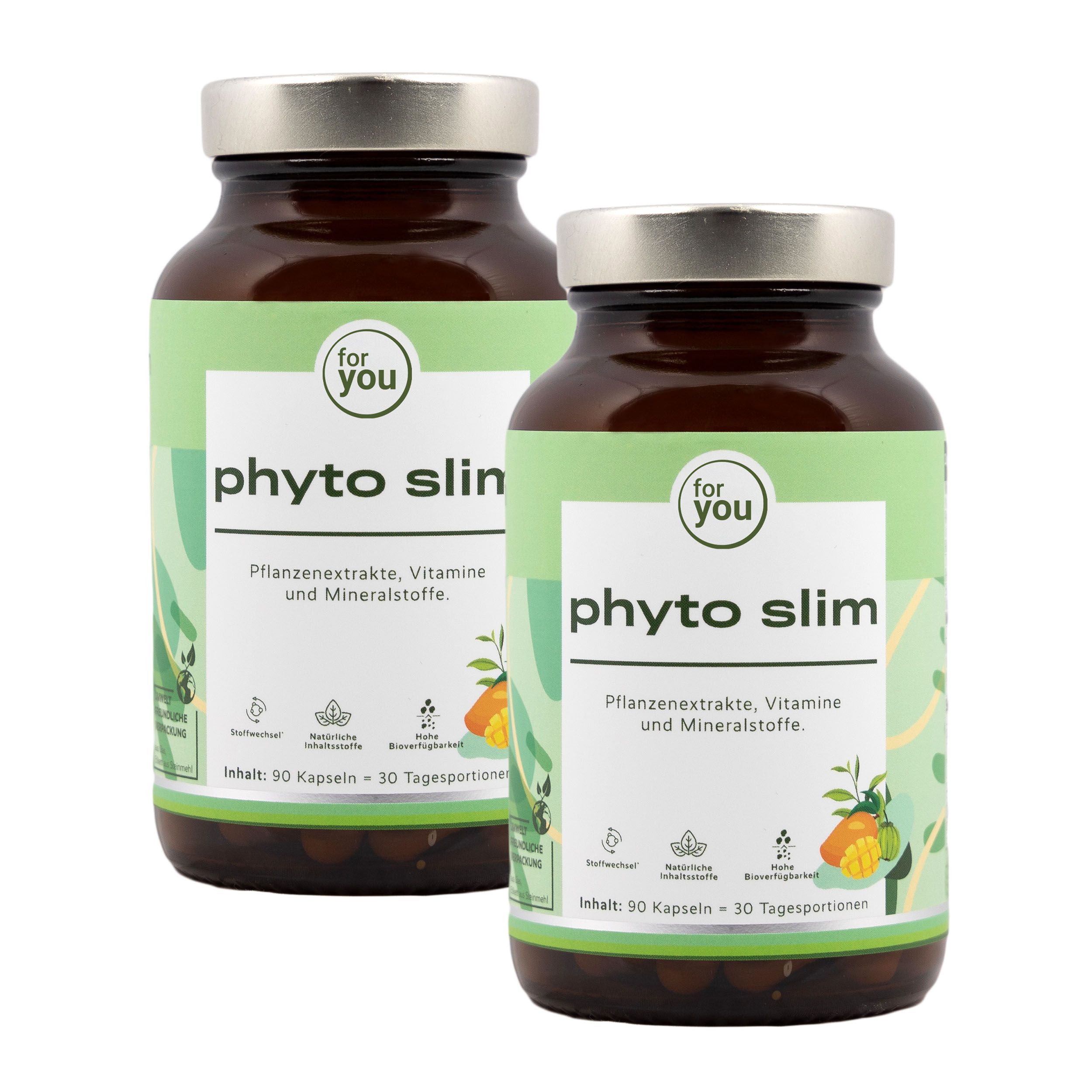 Zwei braune Glasflaschen mit grünem Etikett. Aufschrift: Phyto Slim. 90 Kapseln. Hintergrund: weiß.