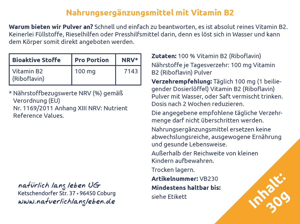 natürlich lang leben Vitamin B2 (Riboflavin) Pulver 30 g