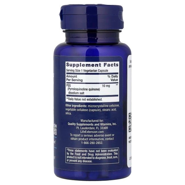 Blauer Behälter mit "Supplement Facts"-Etikett, das PQQ (Pyrrolochinolinchinon) mit 10 mg pro vegetarischer Kapsel auflistet.