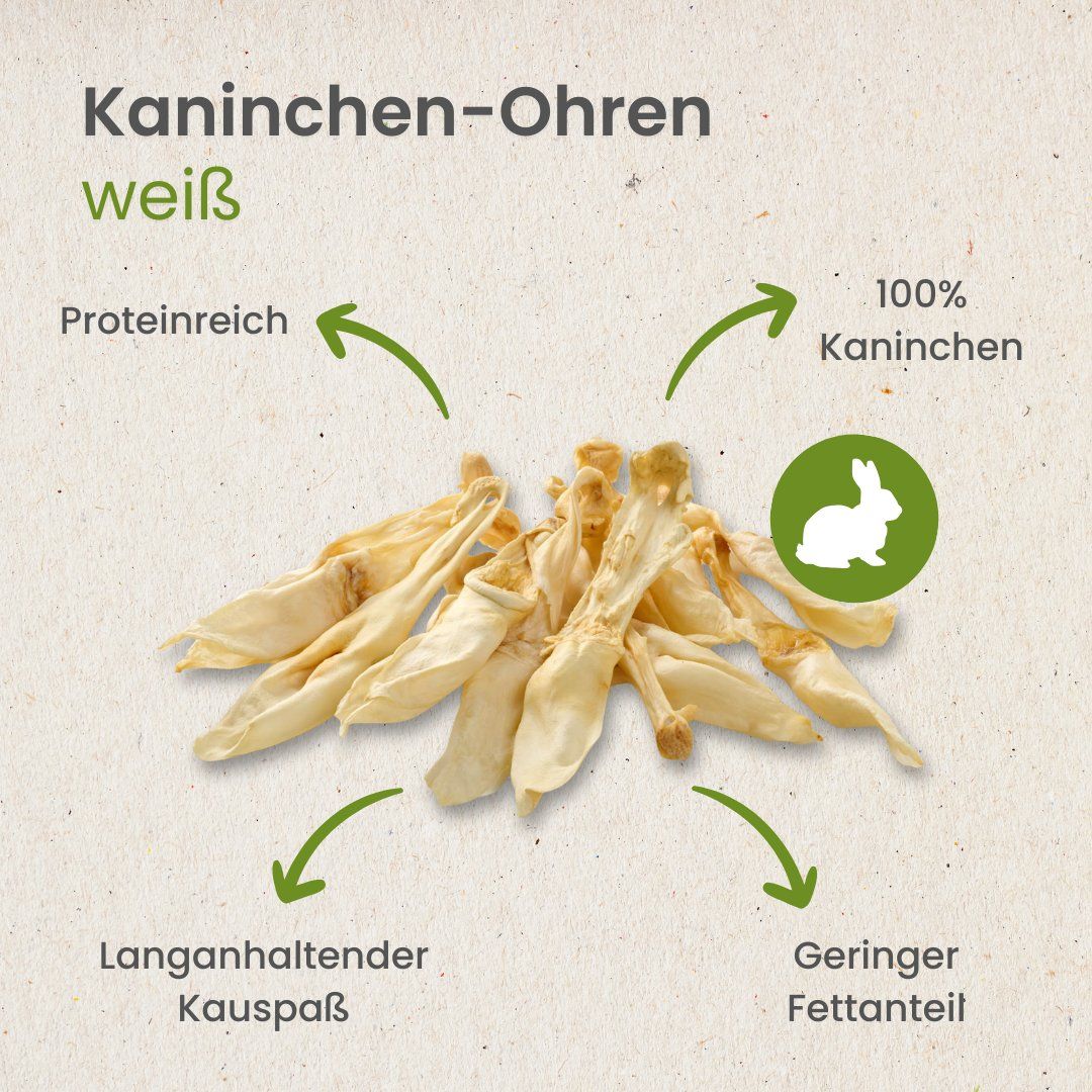 Getrocknete Kaninchenohren, weiß. Ein Hund kaut auf einem Kaninchenohr.