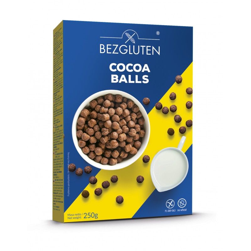 Blau-gelbe Verpackung mit Bezgluten Kakaobällchen. Eine Schüssel mit braunen Kugeln, daneben Milch. Aufschrift: Cocoa Balls, glutenfrei.