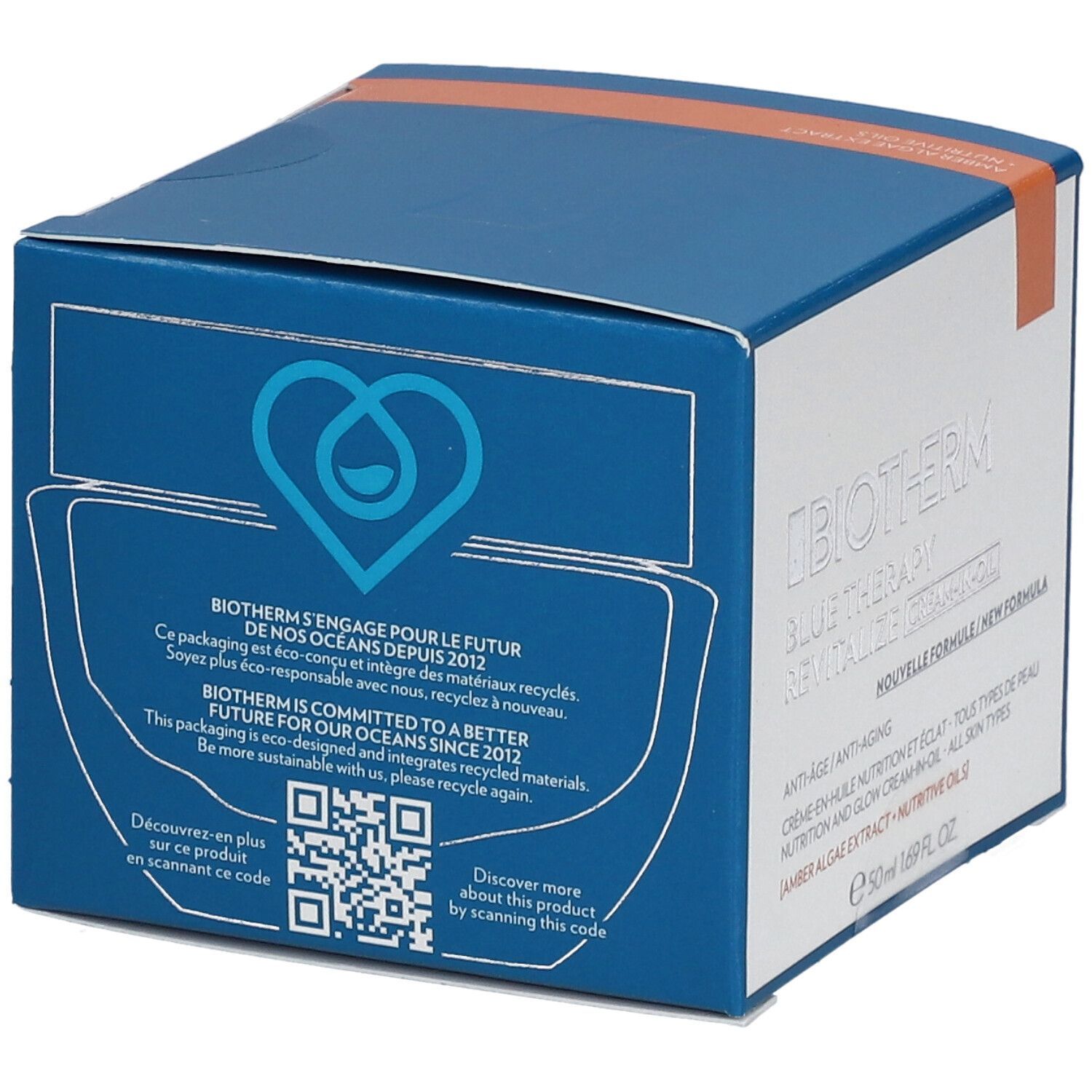 Rückseite des blauen Kartons. BIOTHERM-Logo, Text über Engagement für die Zukunft der Ozeane und QR-Code.
