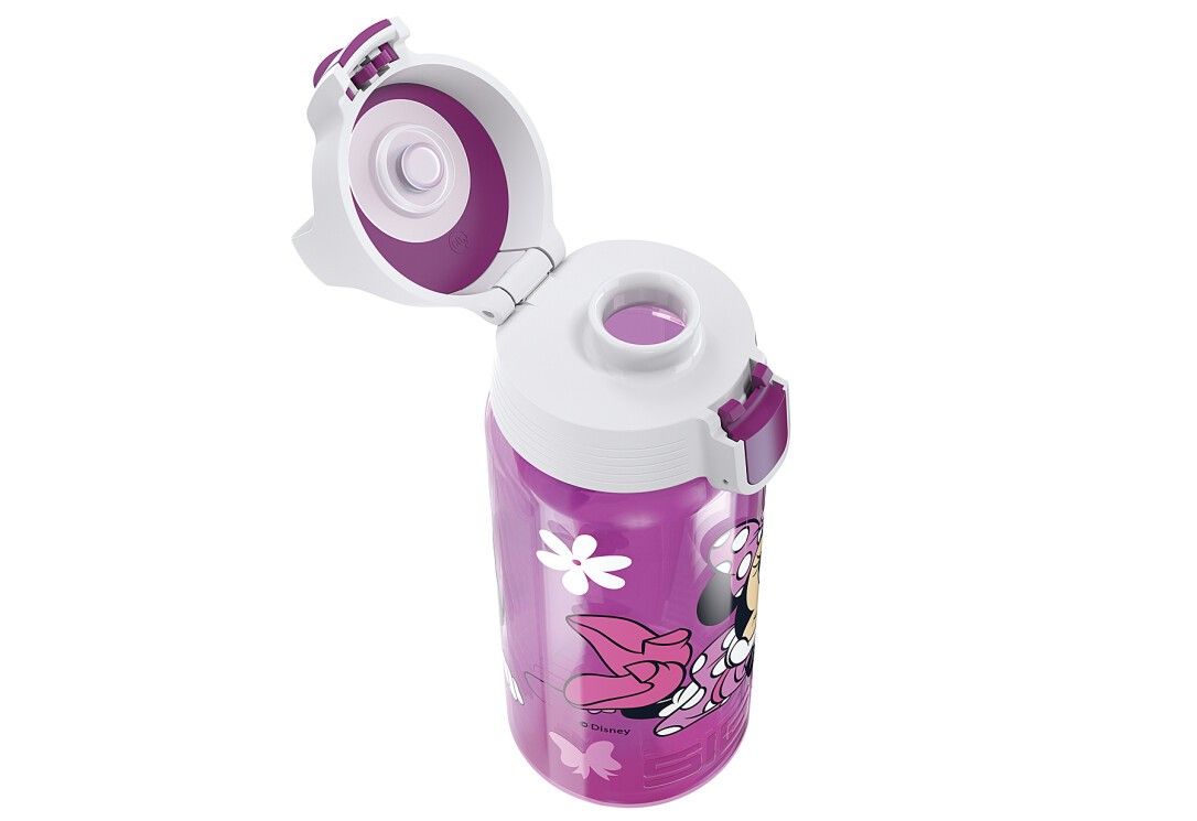 Violette Trinkflasche mit Minnie Mouse-Motiv. Weißer Deckel, geöffnet. Lila Akzente. Aufdruck: Minnie Mouse, Blumen.