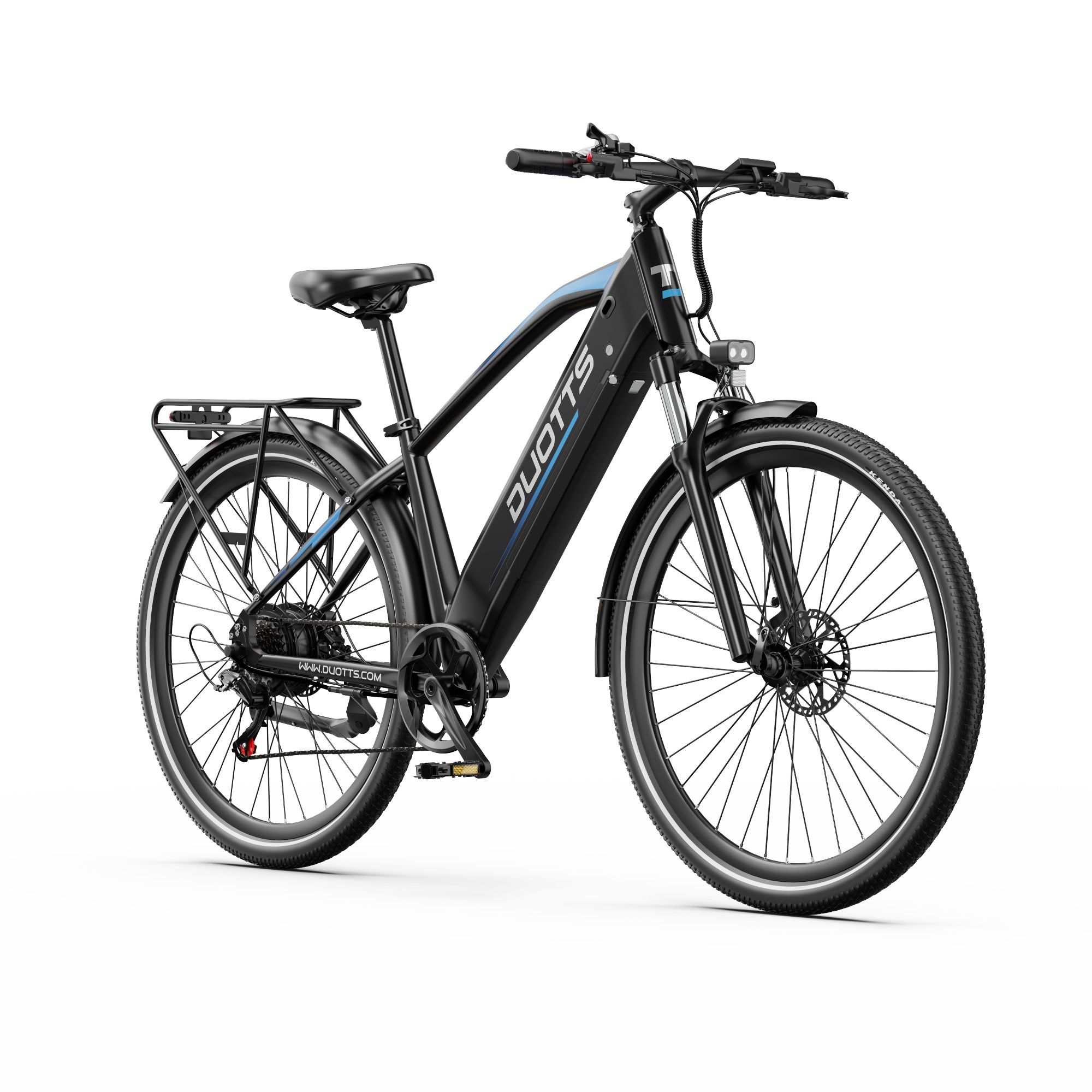 Schwarzes E-Bike mit blauen Akzenten. DUOTTS-Logo. Frontscheinwerfer, Gepäckträger, Schutzbleche. Auf weißem Hintergrund.