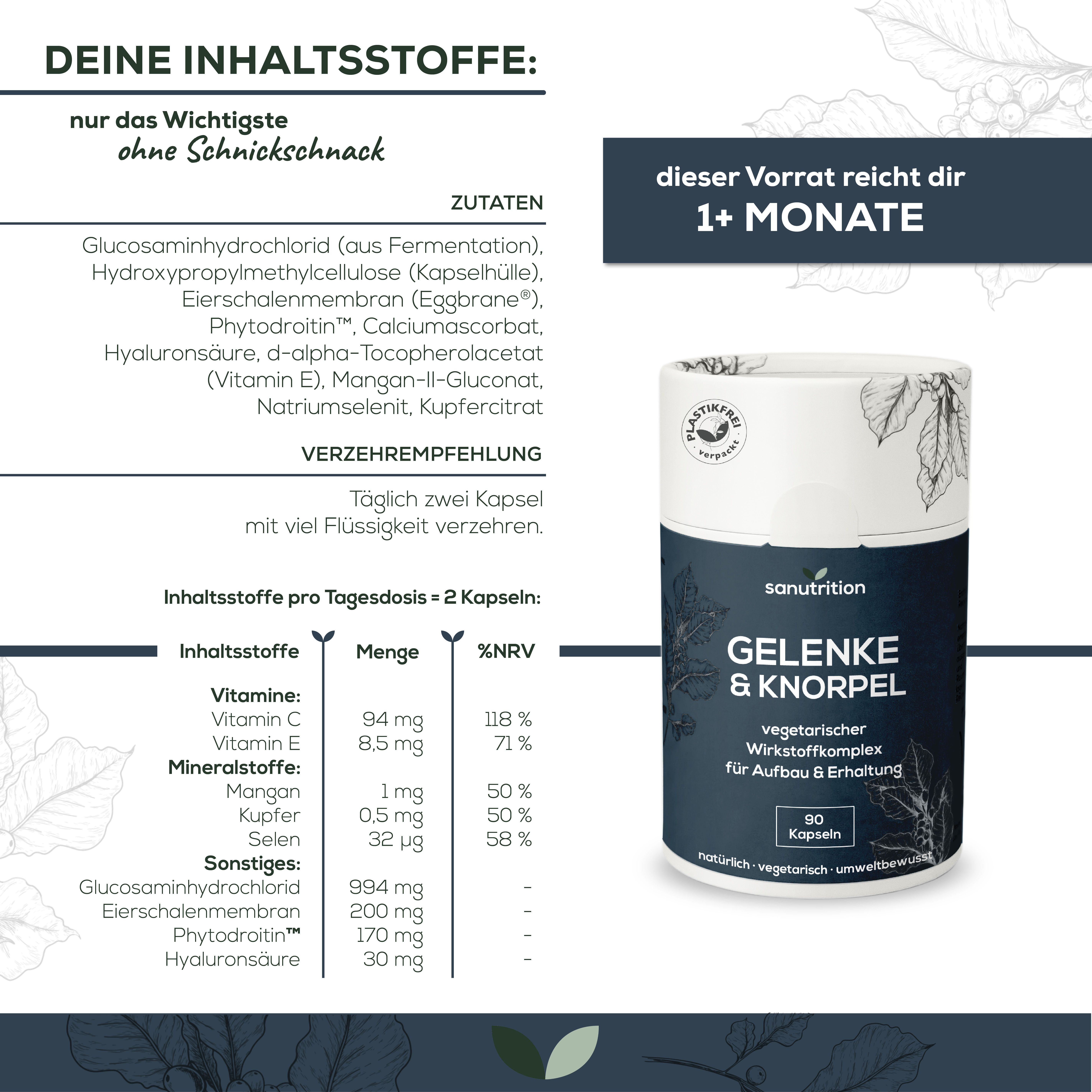 Produktverpackung 'Gelenke & Knorpel' von sanutrition. Enthält 90 Kapseln. Zutatenliste und Nährwerttabelle.