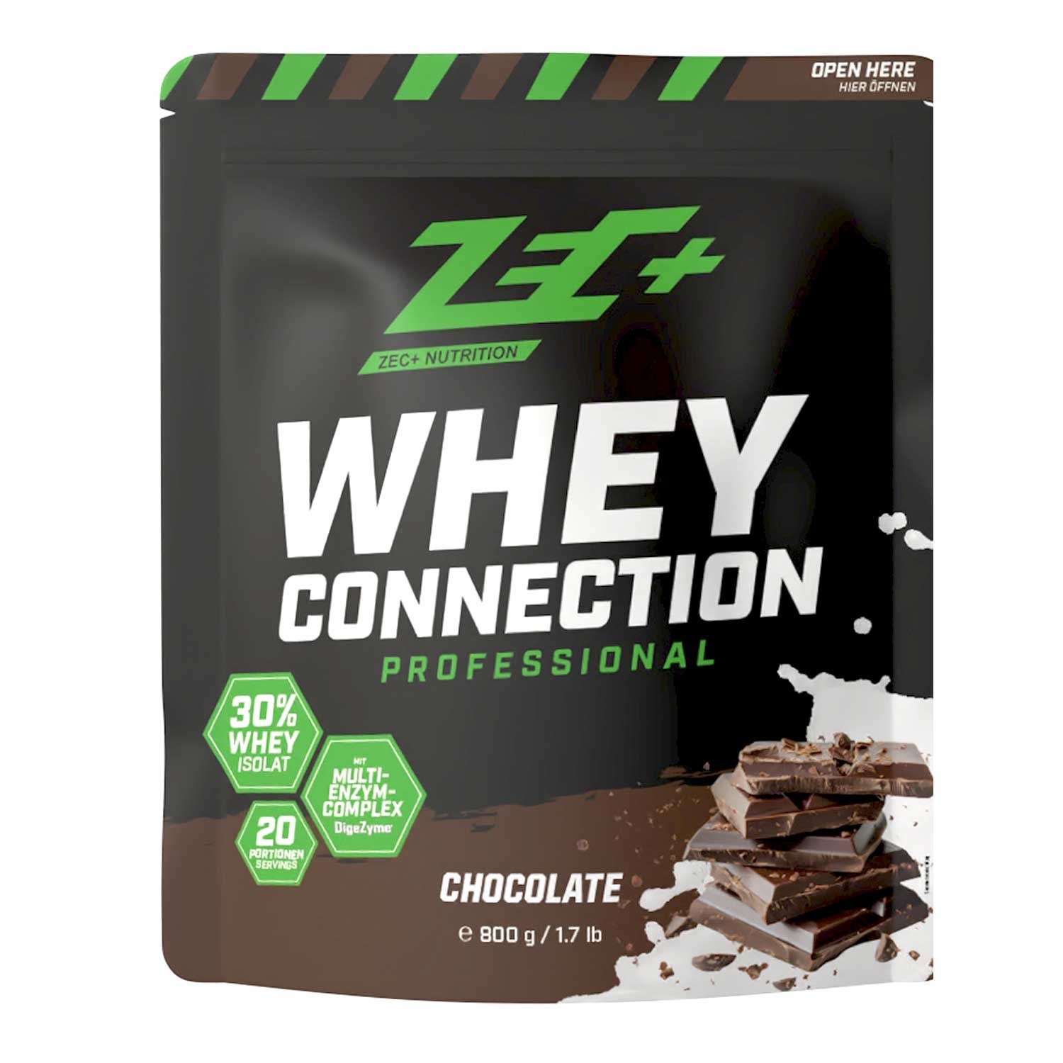 ZEC+ Whey Connection Professional Schokolade. Schwarze Verpackung mit Produktnamen und Schokoladenstückchen.