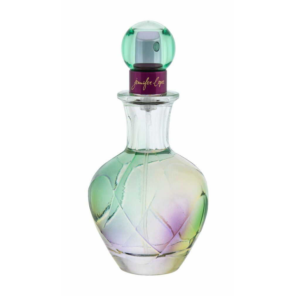 Parfümflakon mit grün-violettem Farbverlauf. Kugelverschluss, goldfarbener Schriftzug. Glasflakon mit floralem Muster.