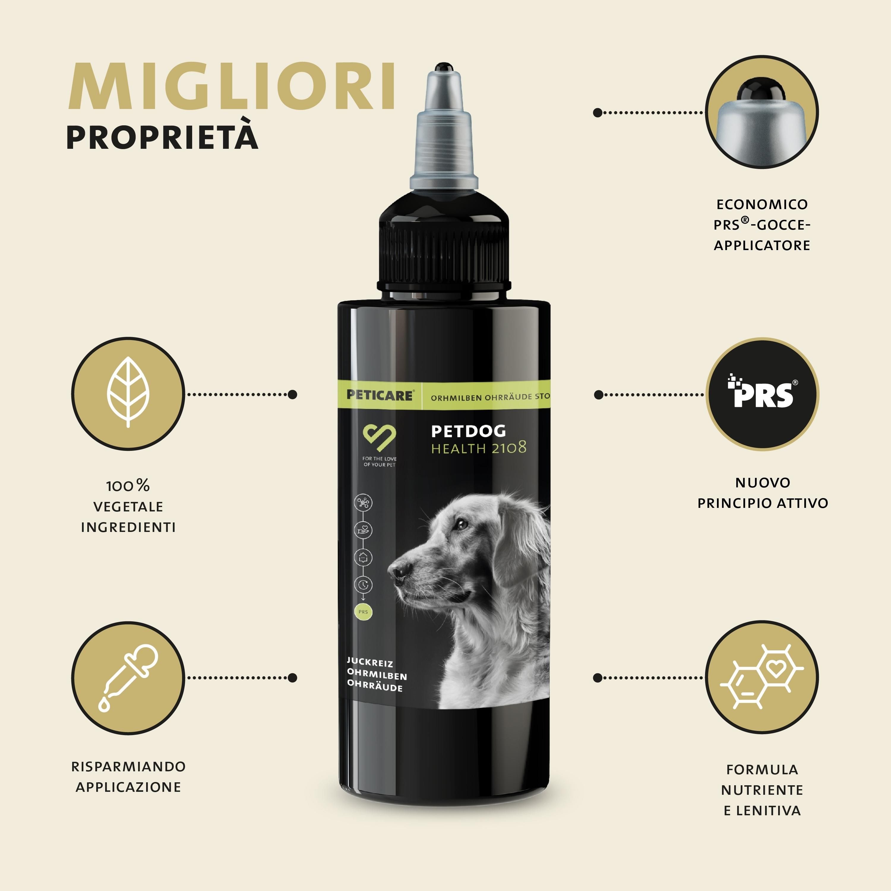 Schwarze Flasche mit Applikator. Text: Peticare, PETDOG HEALTH 2108. 100% pflanzliche Inhaltsstoffe.