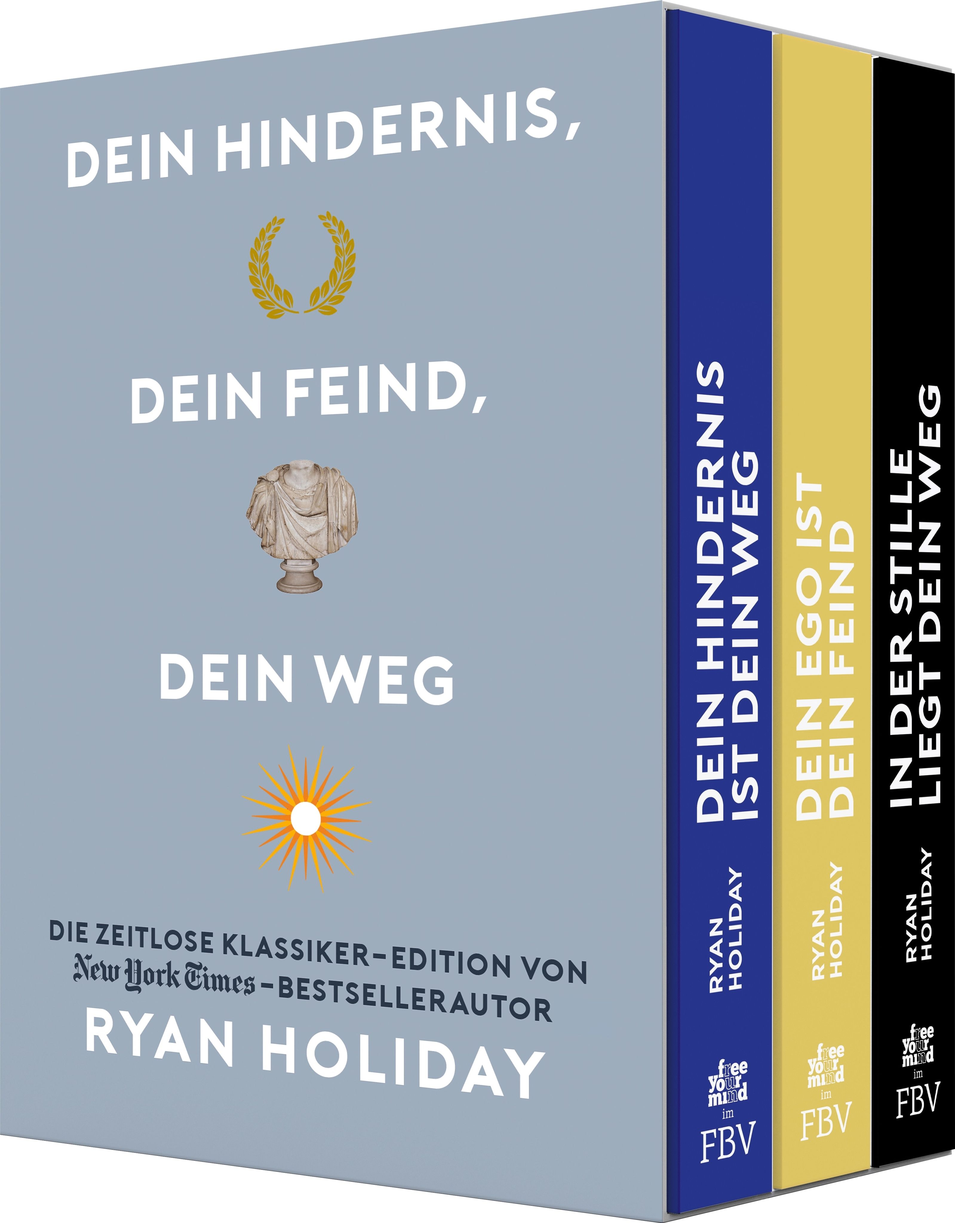 Buch-Set in Schuber. Titel: Dein Hindernis, dein Feind, dein Weg. Autor: Ryan Holiday. Blaue, gelbe und schwarze Buchrücken. Verlag FBV.