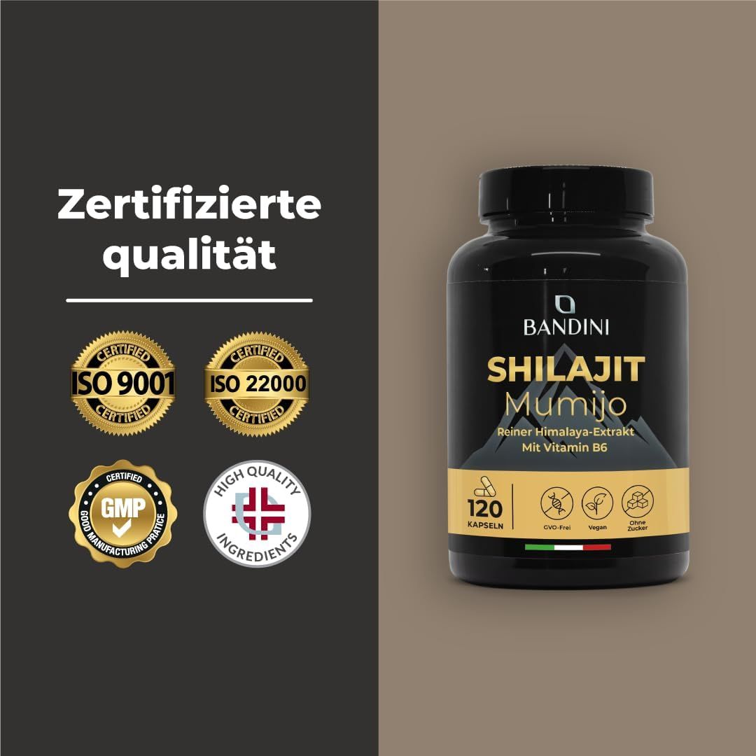Schwarze Bandini Shilajit Mumijo Kapseln-Dose. Aufschrift: 120 Kapseln. Zertifizierte Qualität. Logos.