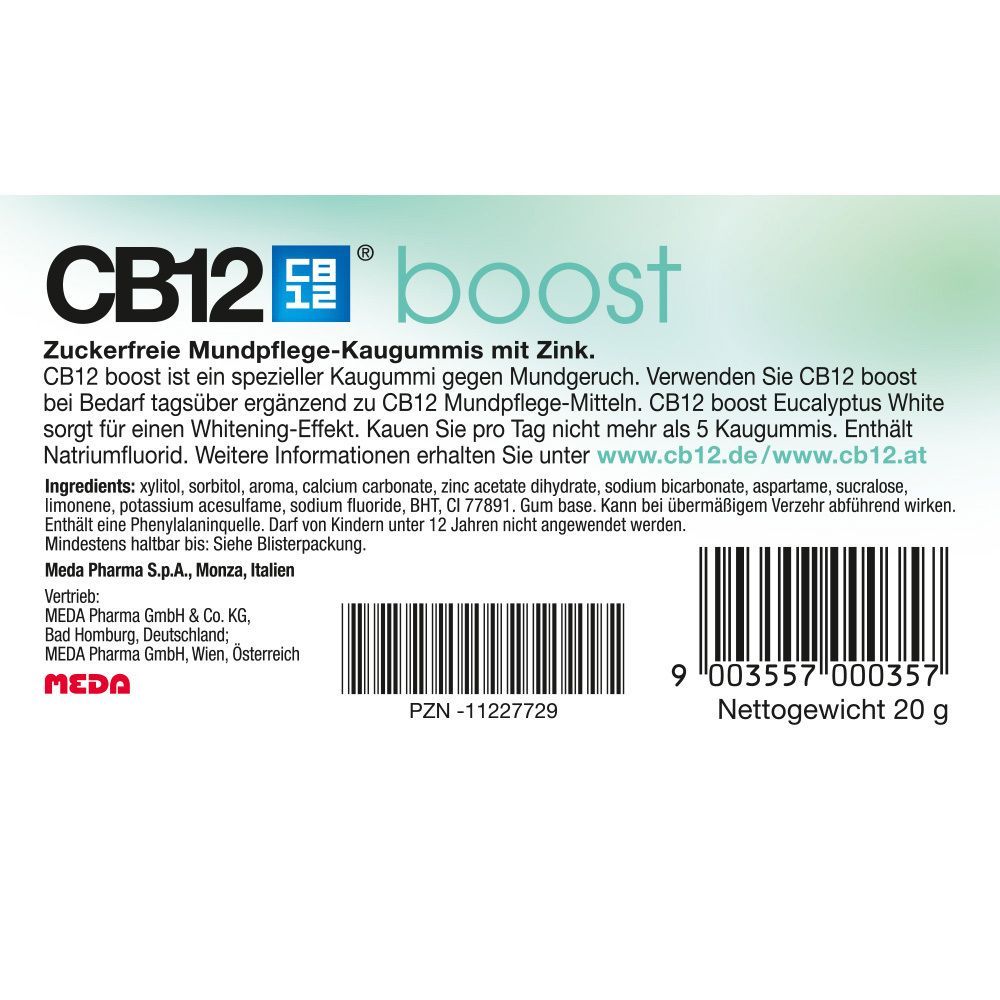 Verpackung von CB12 boost Kaugummi. Text: Zuckerfreie Mundpflege-Kaugummis mit Zink. Enthält Natriumfluorid. Nettogewicht 20 g.