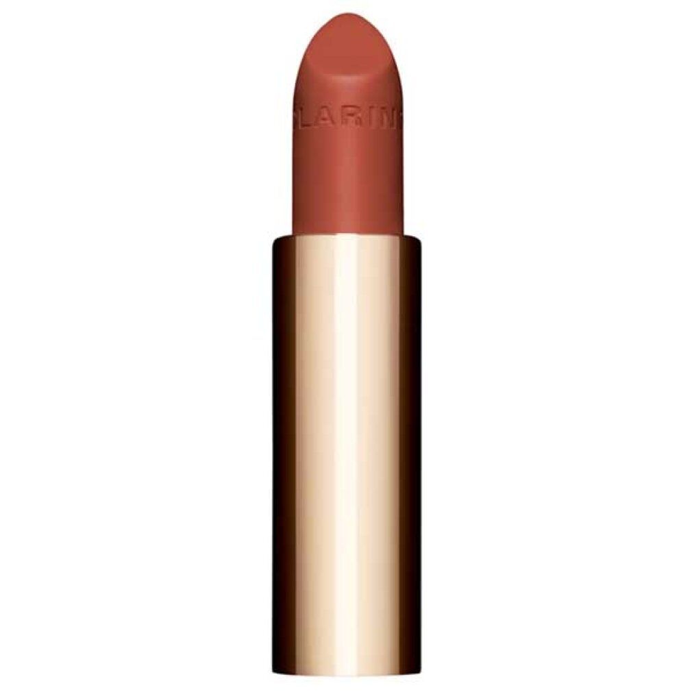 Lippenstift mit goldfarbener Hülse. Der Lippenstift ist in einem warmen, matten Roséton gehalten. Der Markenname ist auf dem Lippenstift sichtbar.