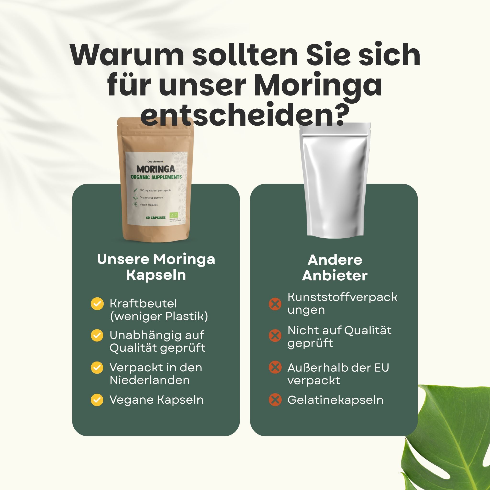 Vergleich von Moringa-Kapseln mit anderen Anbietern. Aufschrift: Warum sollten Sie sich für unser Moringa entscheiden?