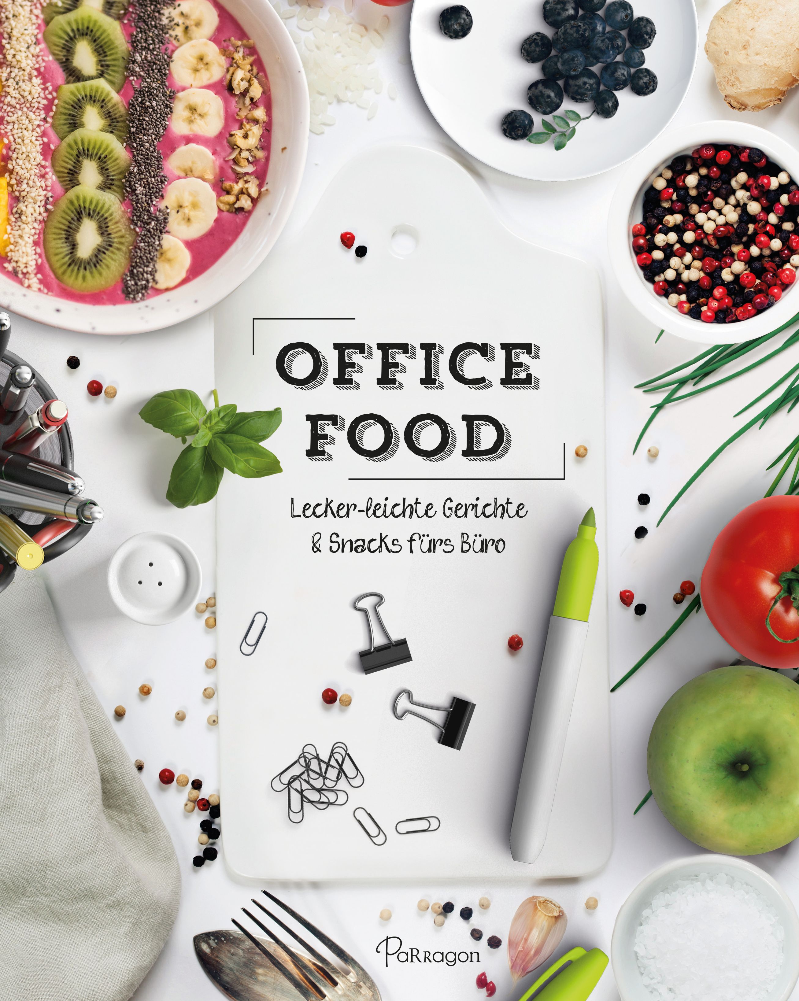 Buch mit dem Titel "OFFICE FOOD". Auf weißem Brett mit Essen und Büroklammern. Verlag: Parragon.