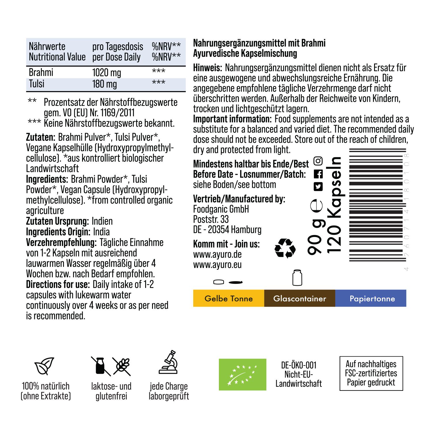 Rückseite der Produktverpackung. Nährwertangaben, Inhaltsstoffe, Gebrauchsanweisung. Bio-Zertifizierung, Glascontainer-Symbol, FSC-Zertifizierung.