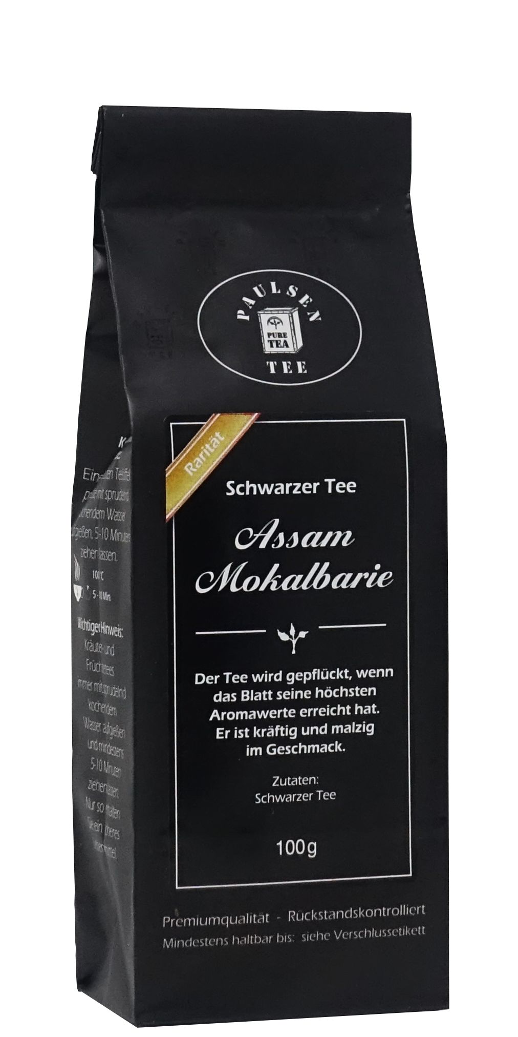 Schwarzer Tee Assam Mokalbarie in schwarzer Verpackung. Mit Logo und Text. 100g.