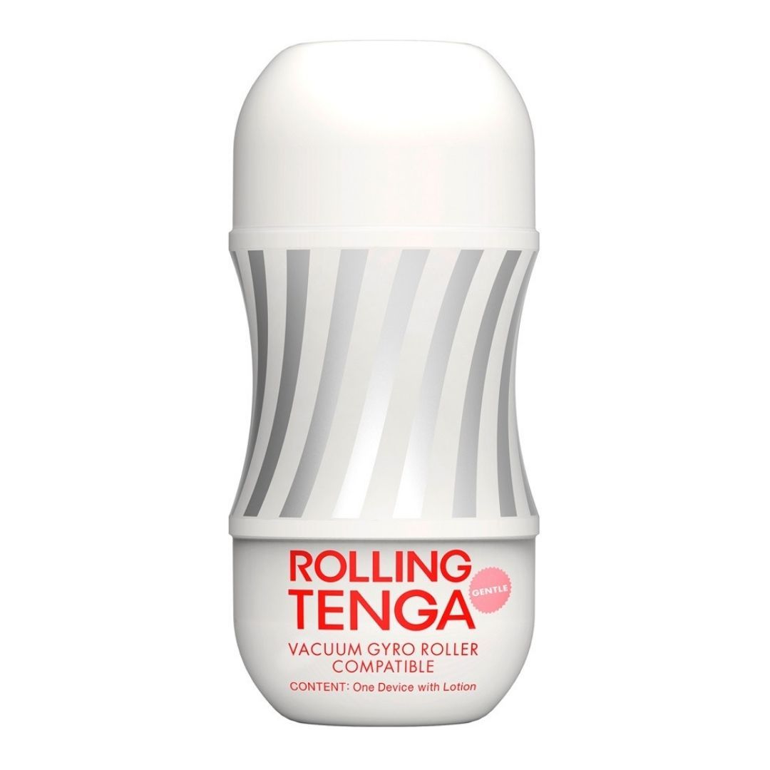 Weißes, ovales Produkt mit silbernen Streifen. Aufschrift: ROLLING TENGA, VACUUM GYRO ROLLER COMPATIBLE.