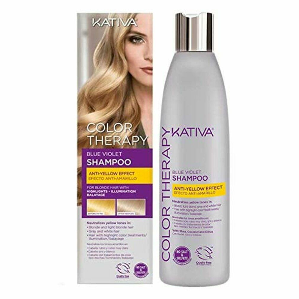 Shampoo-Flasche und Verpackung. Aufschrift: Kativa, Blue Violet Shampoo, Anti-Yellow Effect. Verpackung mit blondem Haar.