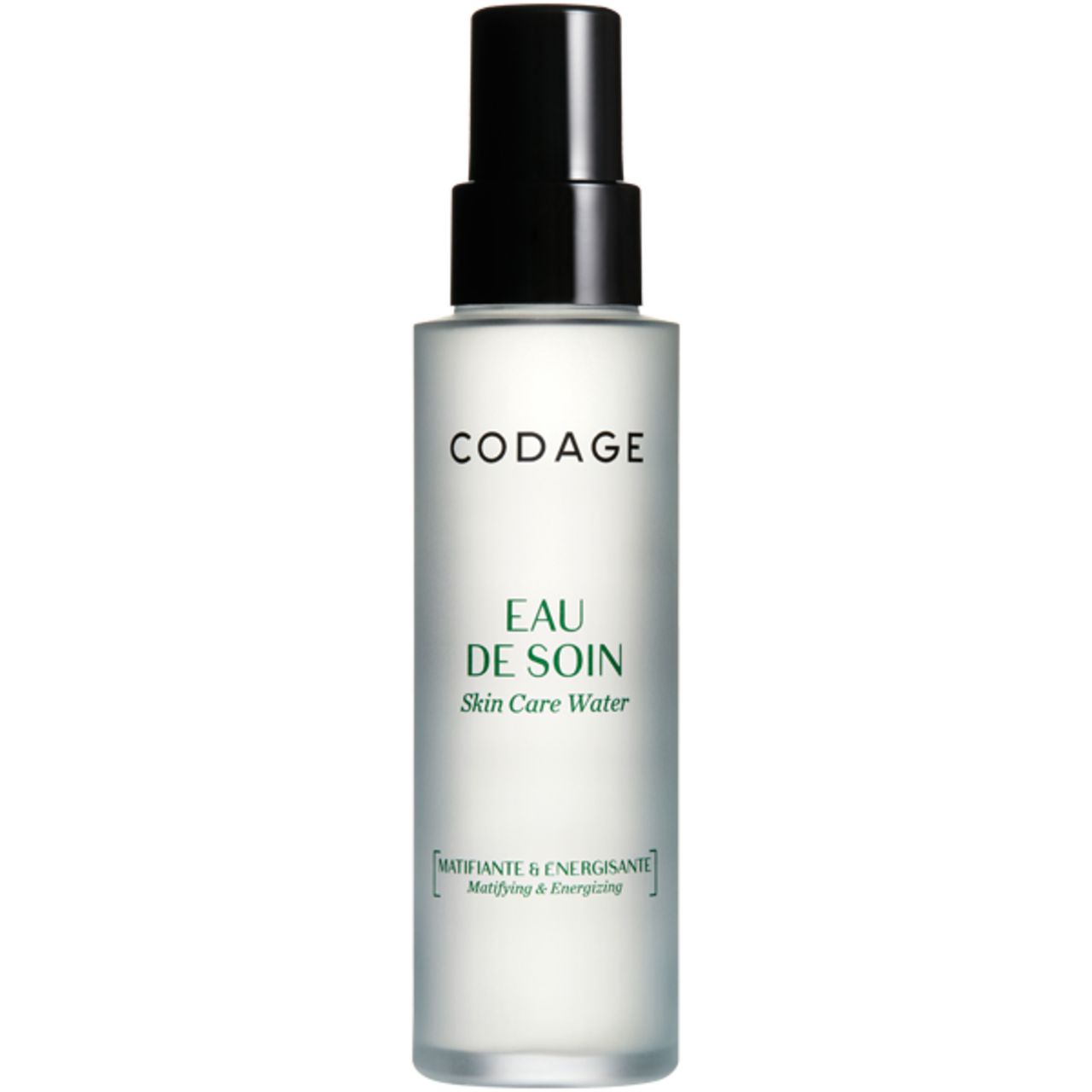 Codage Eau de Soin Flasche mit Sprühkopf. Aufschrift: Eau de Soin, Matifiante & Énergisante. Transparente Flüssigkeit.