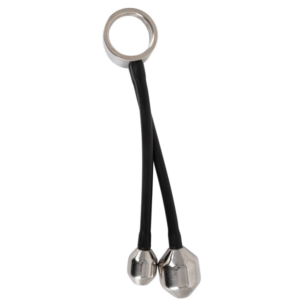 Ring aus Metall mit zwei schwarzen, flexiblen Strängen, an denen zwei metallische Gewichte befestigt sind.