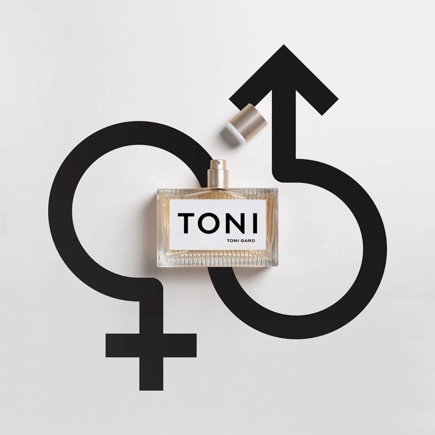 Parfümflakon mit Deckel neben den Symbolen für männlich und weiblich. Auf dem Flakon steht TONI und TONI GARD.