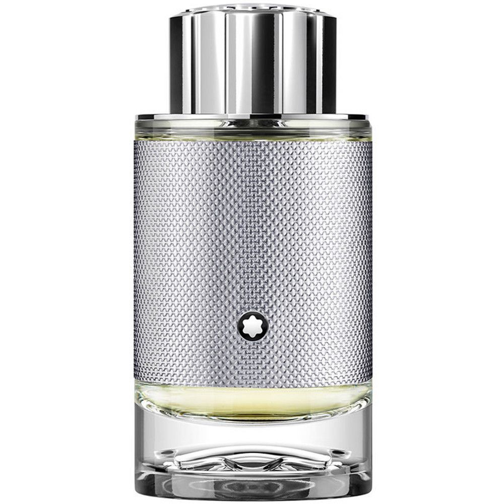 Montblanc Explorer Platinum EdP Nat. Spray. Silberfarbener Flakon mit silbernem Deckel. Montblanc Logo.