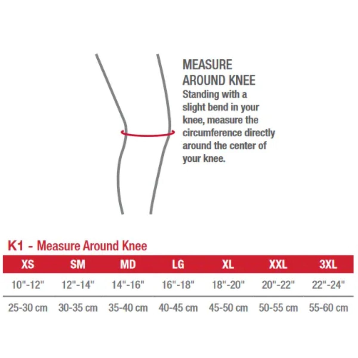 Größentabelle für Knieumfang. Größen: XS bis 3XL. Messanleitung: Knie leicht beugen, Umfang messen.
