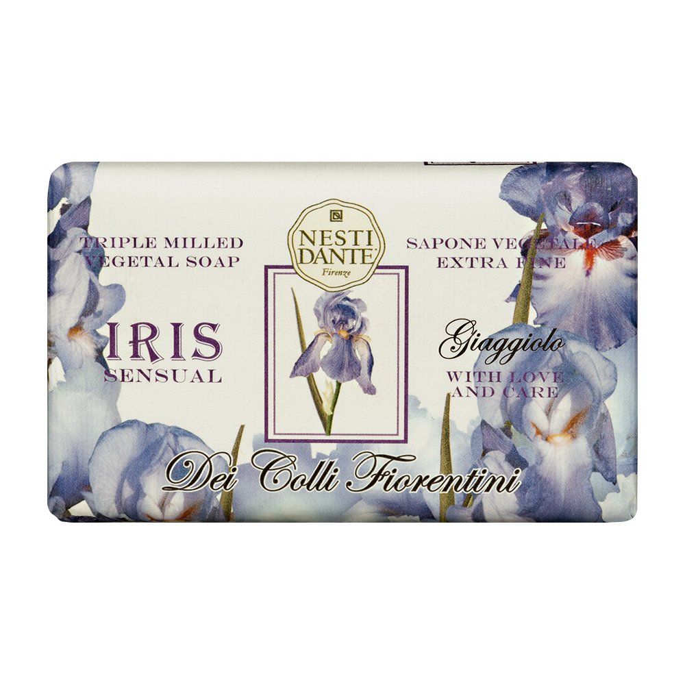 Rechteckige Seife mit Iris-Blüten-Design. Text: Nesti Dante, Iris Sensual, Giaggiolo. Aufschrift: Dei Colli Fiorentini, Triple Milled Vegetal Soap, Sapone Vegetale Extra Fine.