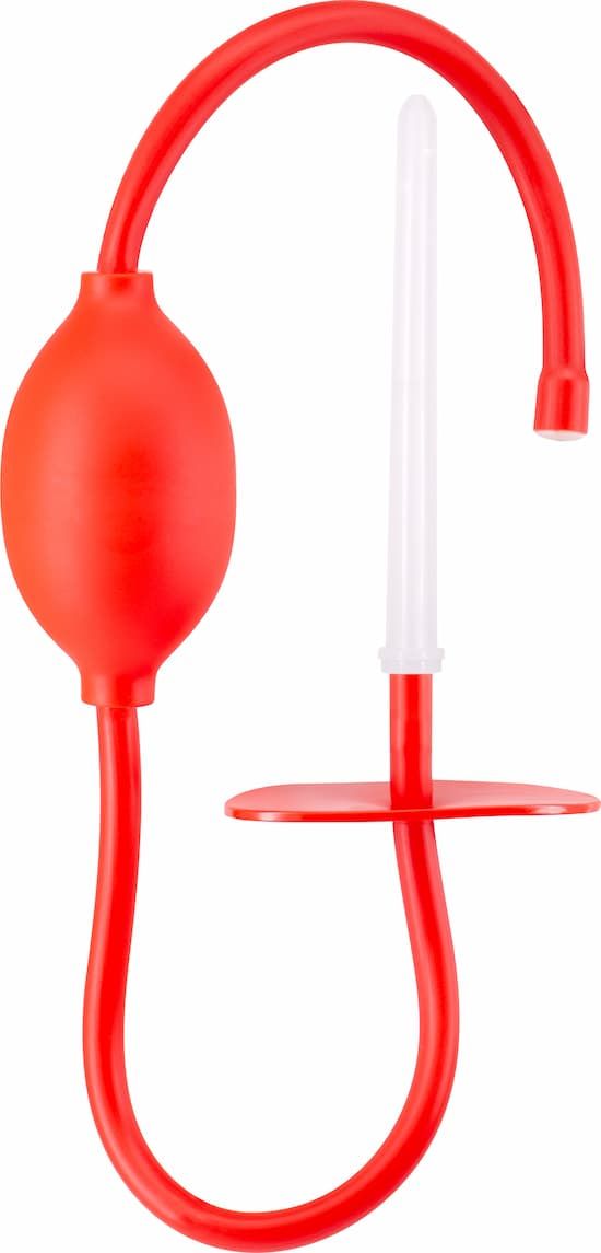 Rote Enema Syringe. Bestehend aus Ballon, Schlauch und Applikator. Weißer Applikator. Runder Fuß.