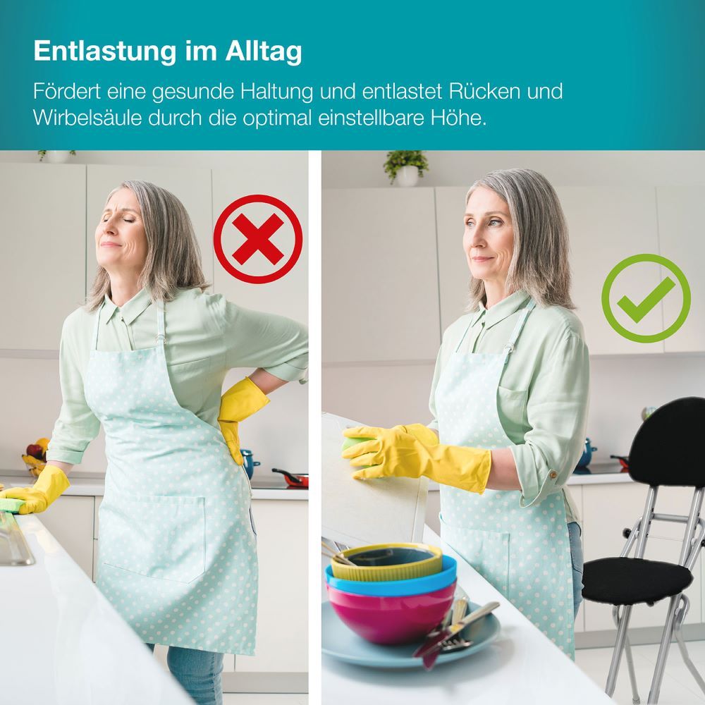 Zwei Frauen, eine mit Schmerzen, eine mit guter Haltung. Daneben eine Stehhilfe mit schwarzem Sitz und Rückenlehne.