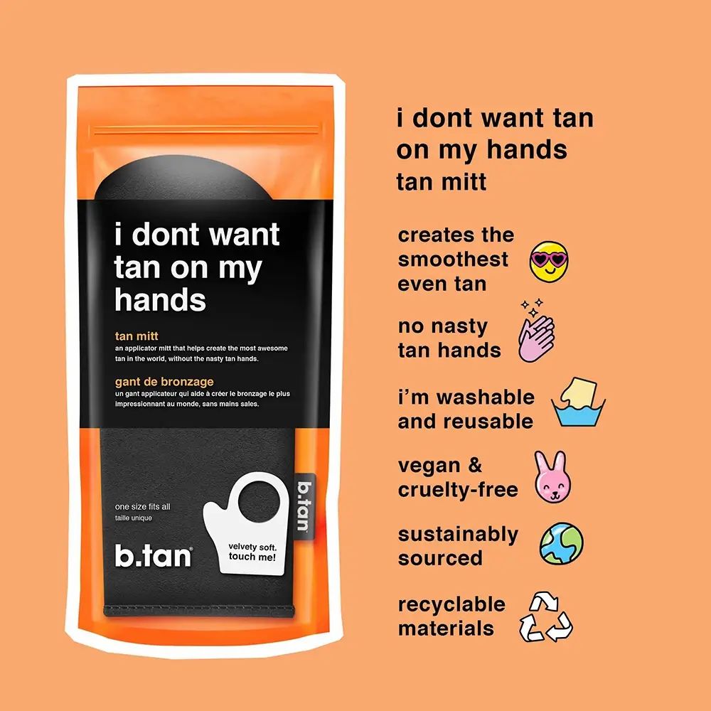 Verpackung mit schwarzem Selbstbräuner-Handschuh. Text: i dont want tan on my hands, tan mitt, b.tan. Vorteile: ebenmäßige Bräune, keine Flecken, waschbar, vegan.