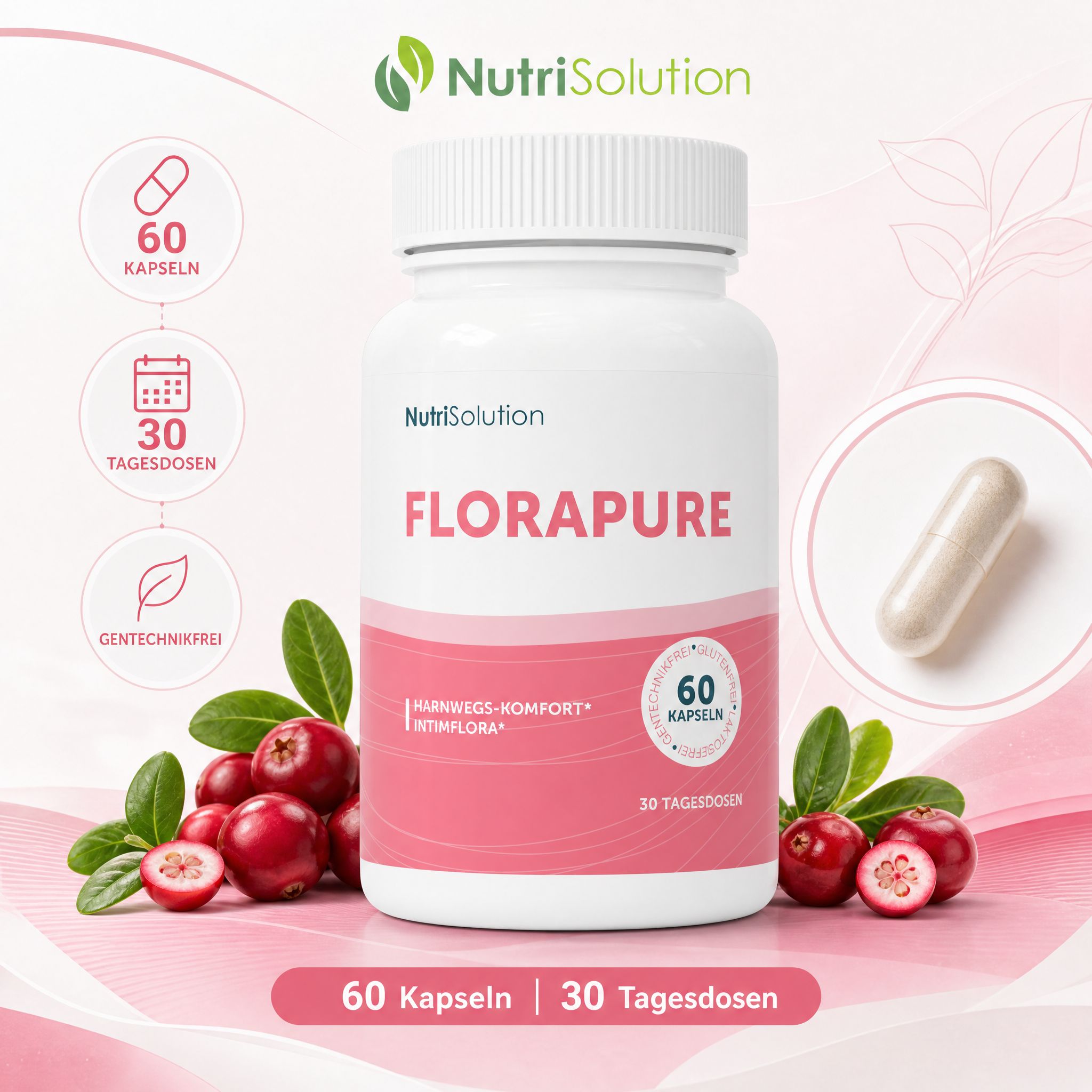 NutriSolution FloraPure Dose mit 60 Kapseln, 30 Tagesdosen. Icons: 60 Kapseln, 30 Tagesdosen, GOTS-Siegel.