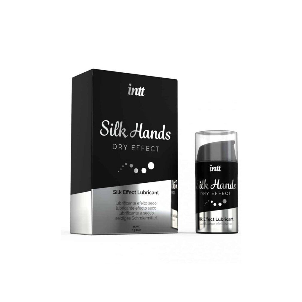 Schwarze Verpackung und Flasche mit Aufschrift "Silk Hands Dry Effect". Enthält Gleitmittel. Flasche mit Pumpkopf.