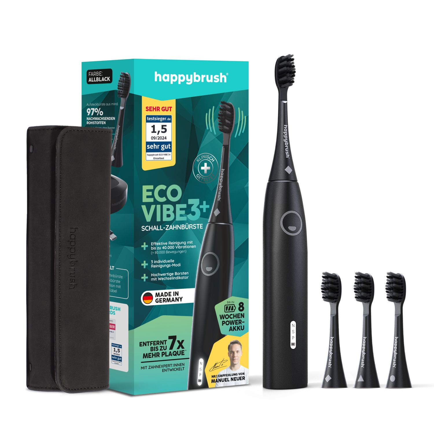 Set: Schwarze Schallzahnbürste, Reiseetui, Ladestation, Ersatzbürstenköpfe.
