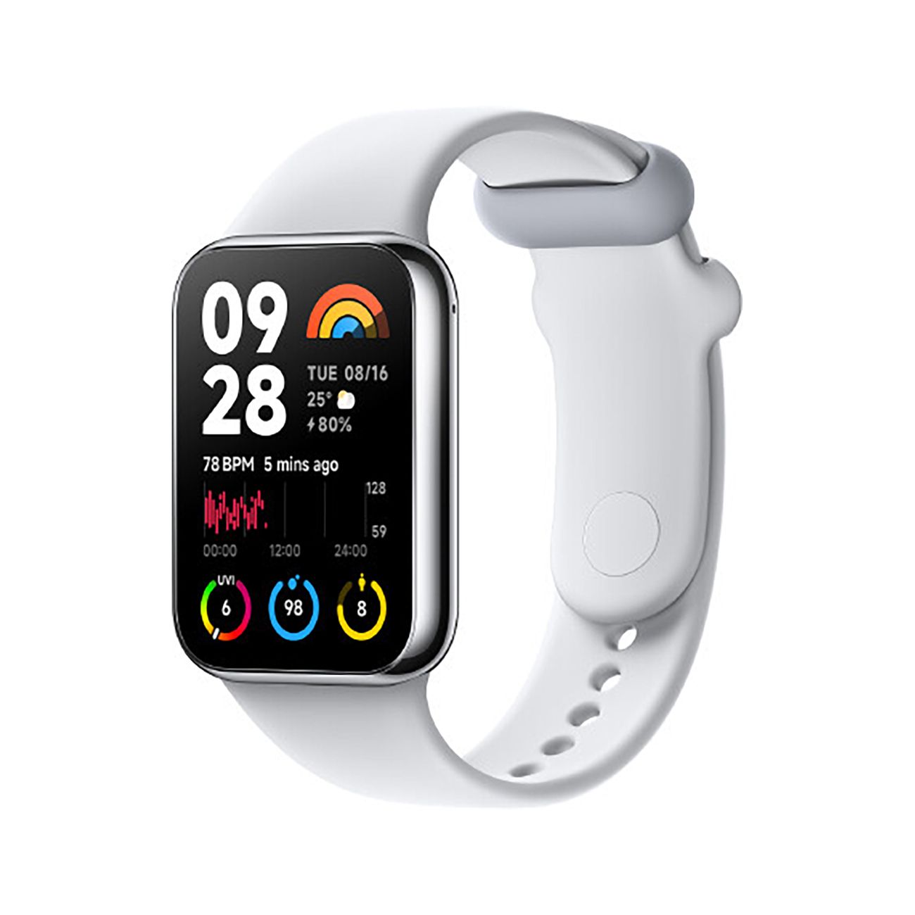 Fitness-Tracker mit weißem Armband und schwarzem Display. Seitenansicht, zeigt Uhrzeit und weitere Daten an.