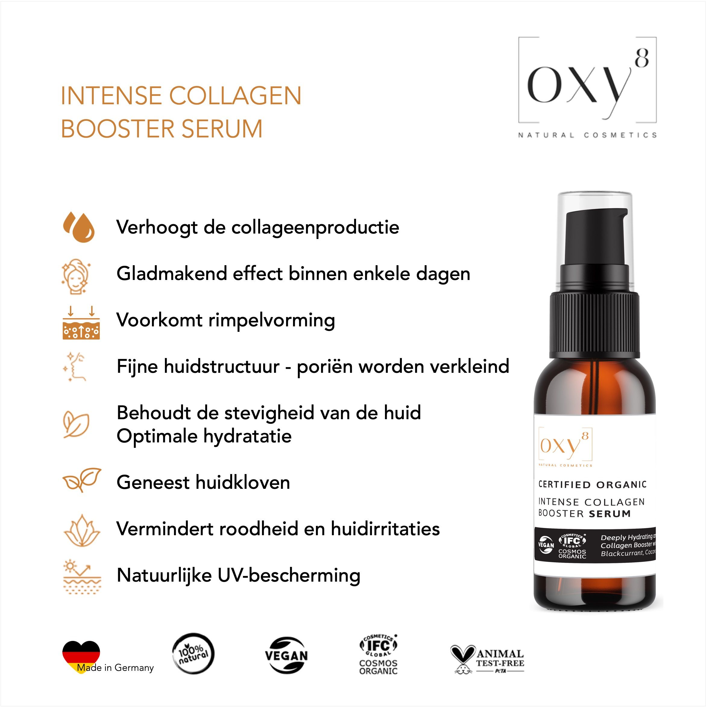 Productfles naast tekst met productvoordelen. Logo van oxy8 Naturkosmetik.