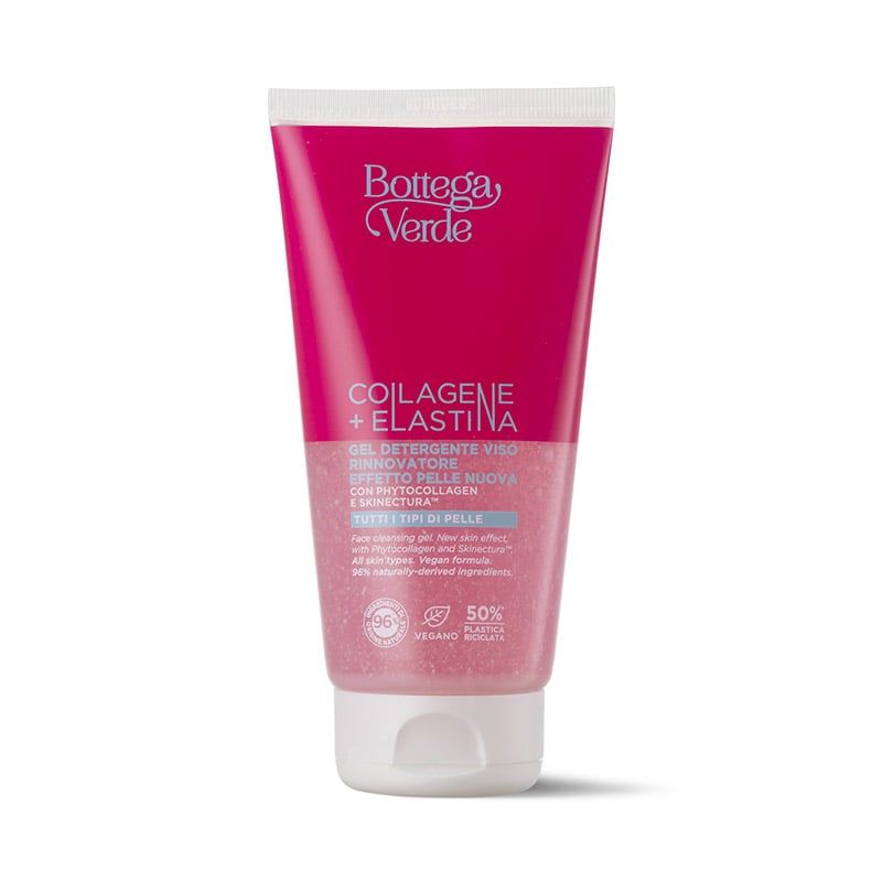 Tubo di gel detergente viso Bottega Verde Collagene + Elastina. Il tubo è rosa con tappo bianco. Sono visibili il nome del marchio e le informazioni sul prodotto. Il prodotto promette un effetto pelle nuova.