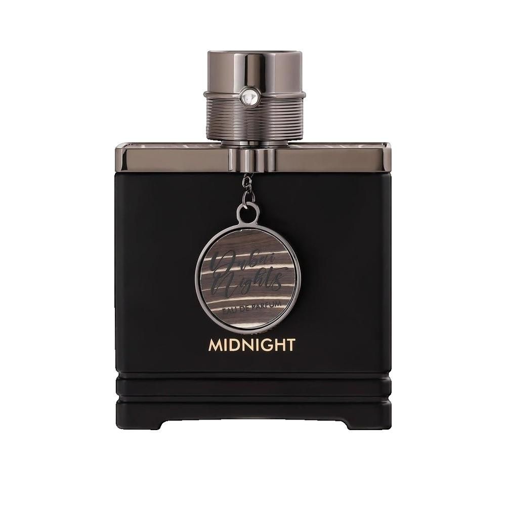 Schwarzer Flakon mit silberfarbenem Verschluss und Anhänger. Aufschrift "Midnight".