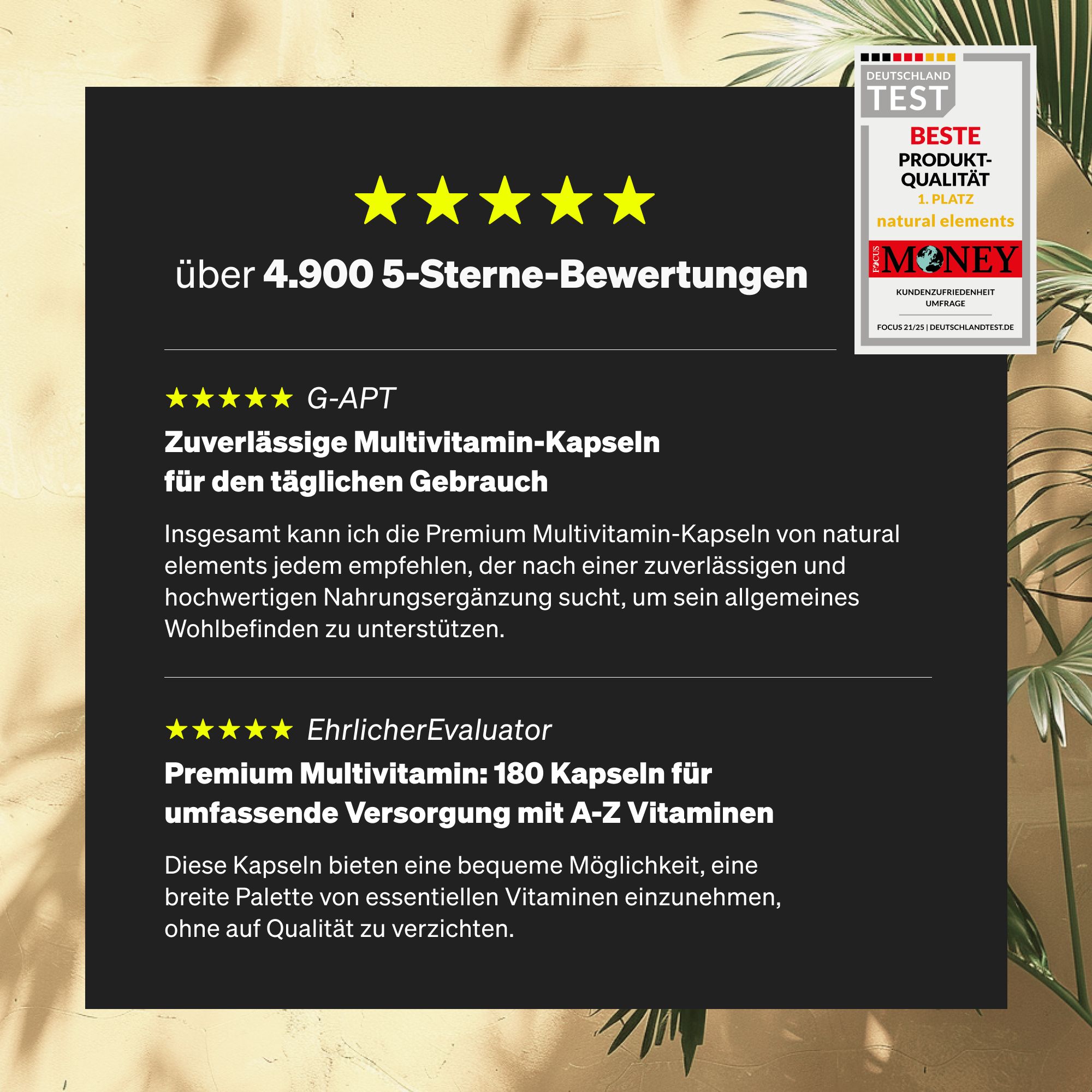 Text mit Bewertungen für Premium Multi. 5-Sterne-Bewertungen. Marke: natural elements. Auszeichnung.