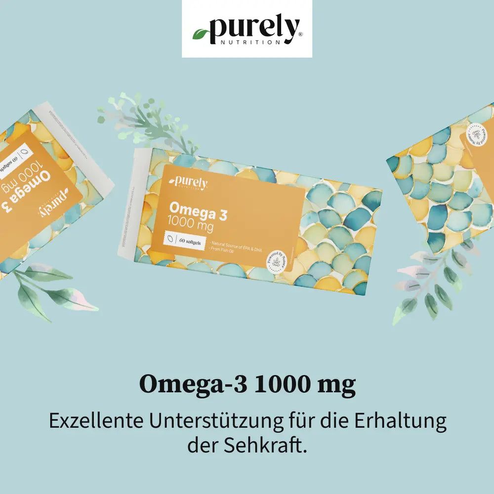 Drei Packungen Omega-3 1000 mg. Text: Exzellente Unterstützung für die Erhaltung der Sehkraft.