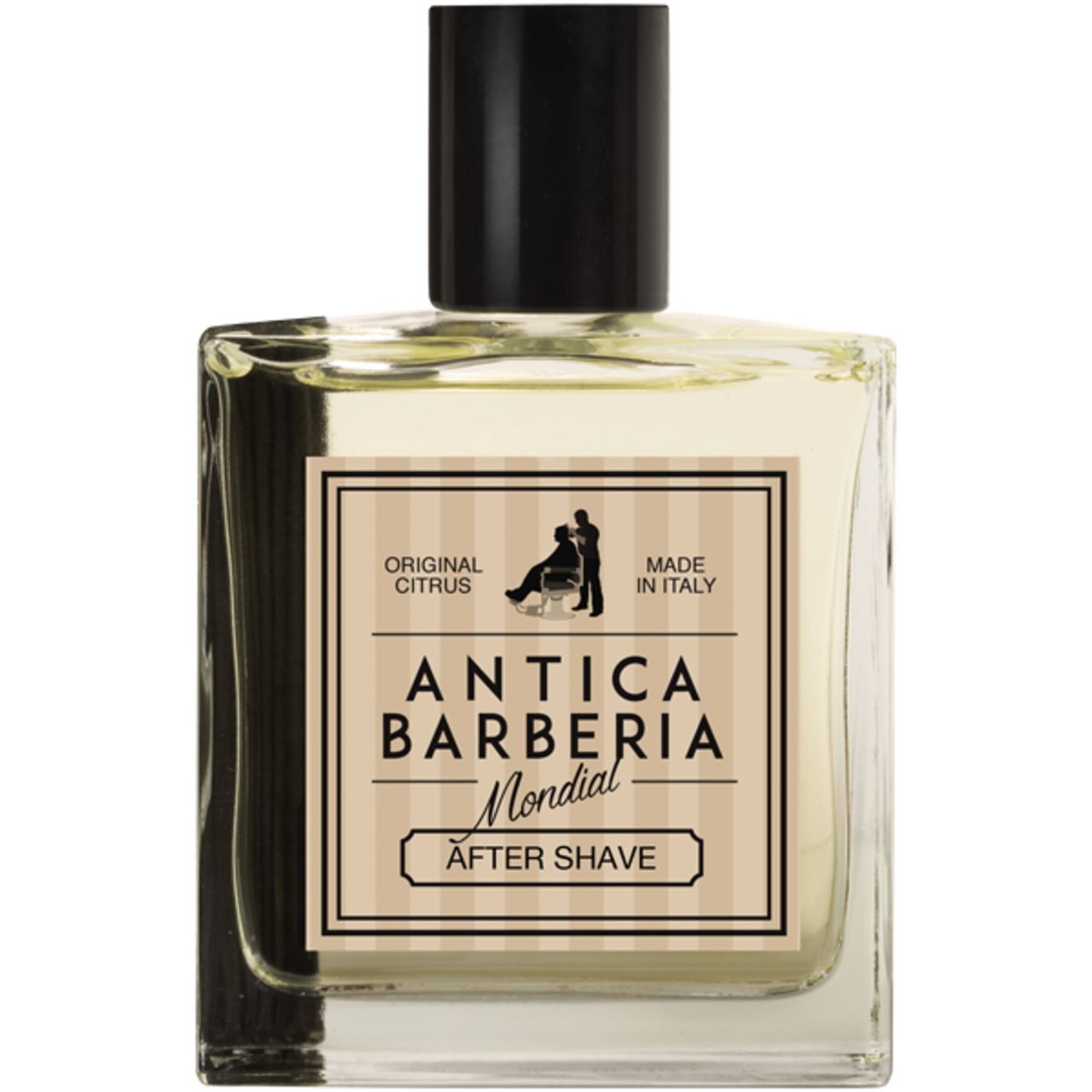 Glasflakon mit schwarzem Verschluss. Etikett mit Schriftzug 'Antica Barberia Mondial After Shave'. 'Original Citrus'.