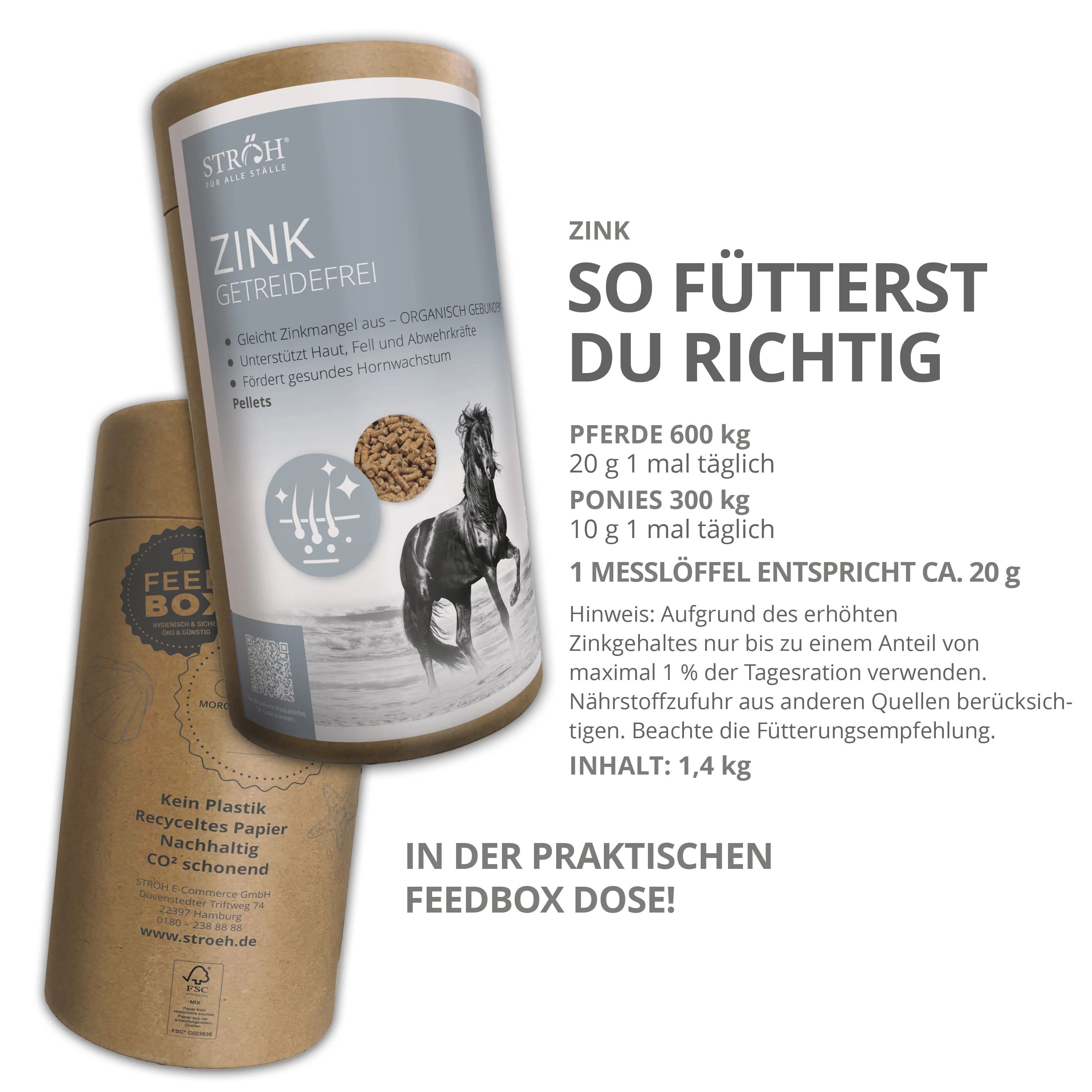 Zink-Ergänzungsfuttermittel in Feedbox Dose. Dose mit Produktinformationen und Pferdeabbildung. 1,4 kg.