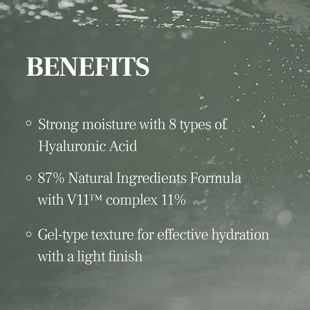 Text mit Aufzählungspunkten. Überschrift: BENEFITS. Vorteile: Feuchtigkeit, natürliche Inhaltsstoffe, Gel-Textur.