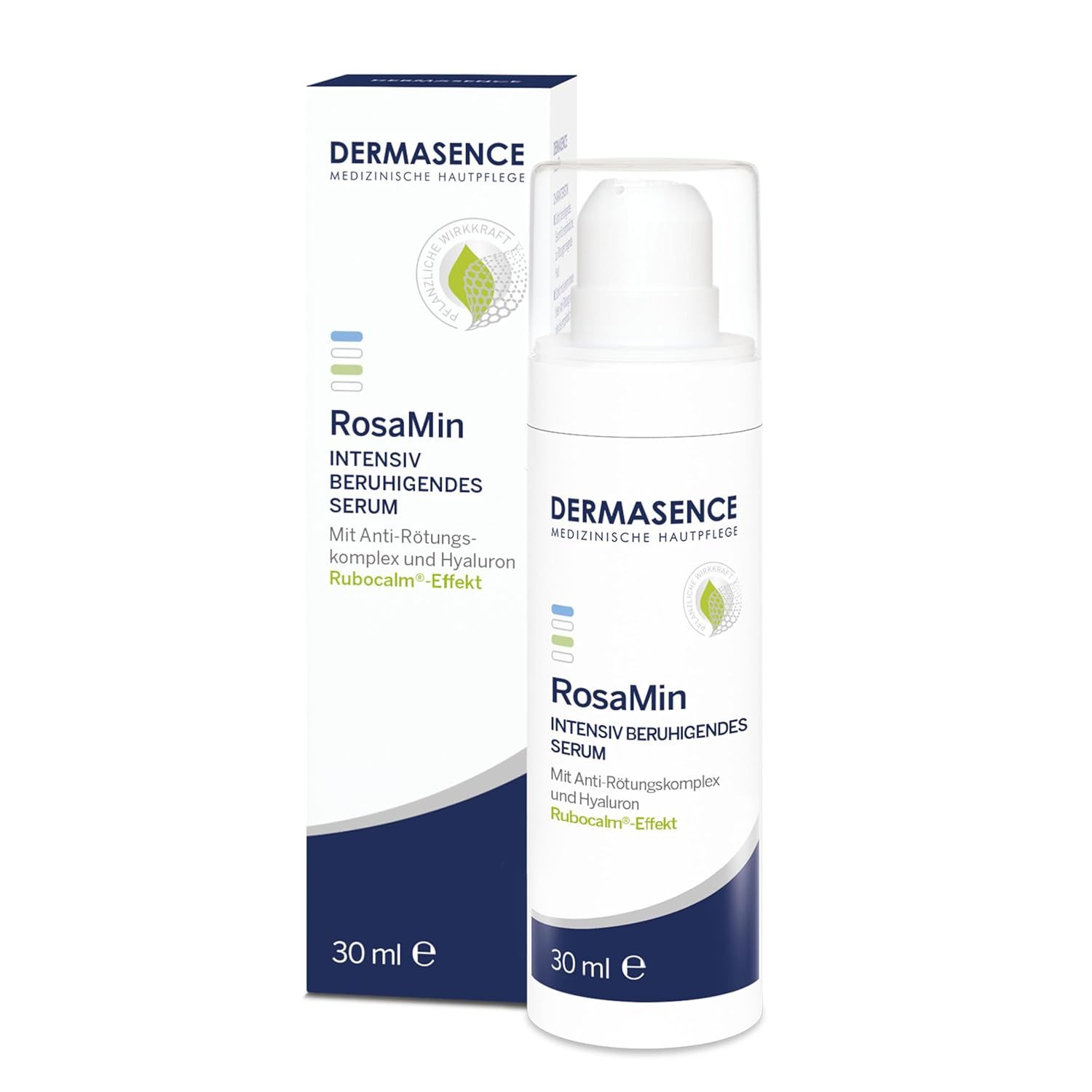 Serumflasche und Verpackung. Text: RosaMin Intensiv Beruhigendes Serum. 30 ml.