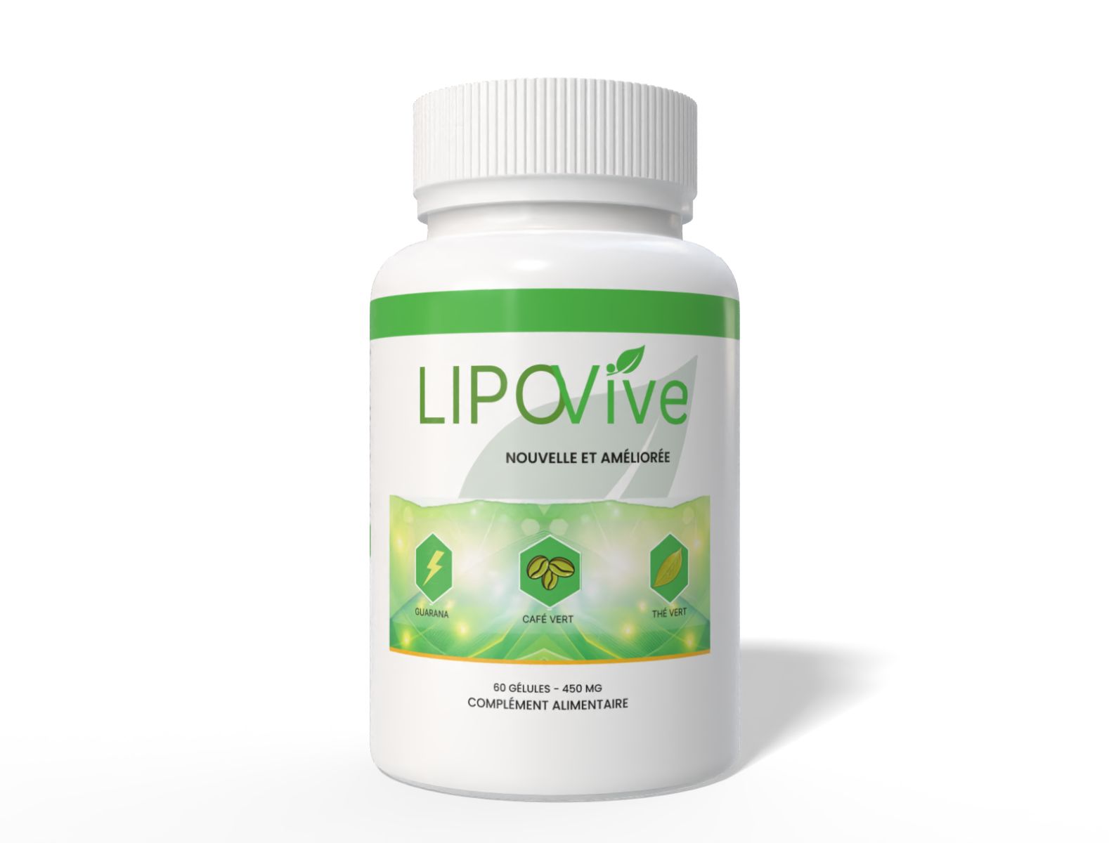 Weiße Flasche mit grünem Etikett. Aufschrift: LIPO Vive, NOUVELLE ET AMÉLIORÉ. Enthält 60 Kapseln. Symbole für Guarana, grüne Kaffeebohnen, Mate.